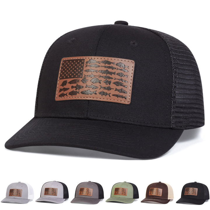 Casquette de camionneur ajustable pour homme, motif poisson et drapeau