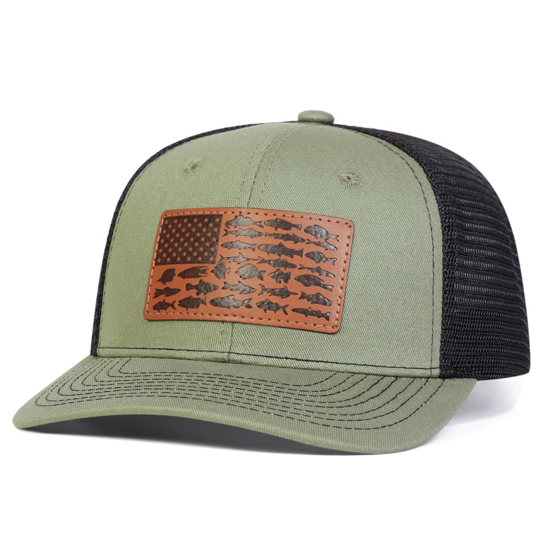 Casquette de camionneur ajustable pour homme, motif poisson et drapeau