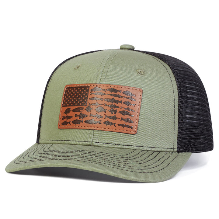 Casquette de camionneur ajustable pour homme, motif poisson et drapeau