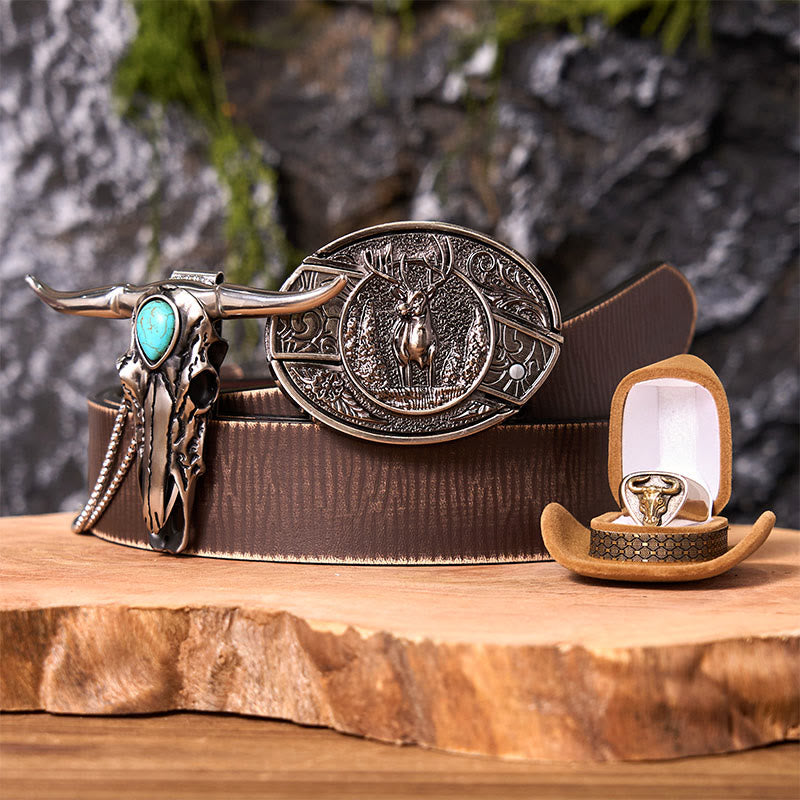 Ensemble de boucles de ceinture à couteau caché avec anneau de taureau et motif cerf forestier