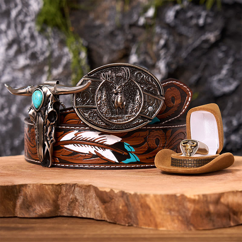 Ensemble de boucles de ceinture à couteau caché avec anneau de taureau et motif cerf forestier