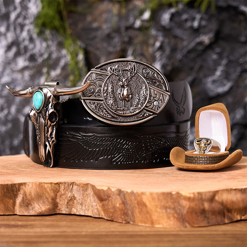 Ensemble de boucles de ceinture à couteau caché avec anneau de taureau et motif cerf forestier