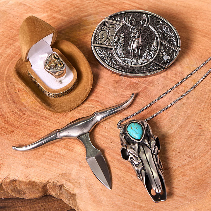 Ensemble de boucles de ceinture à couteau caché avec anneau de taureau et motif cerf forestier
