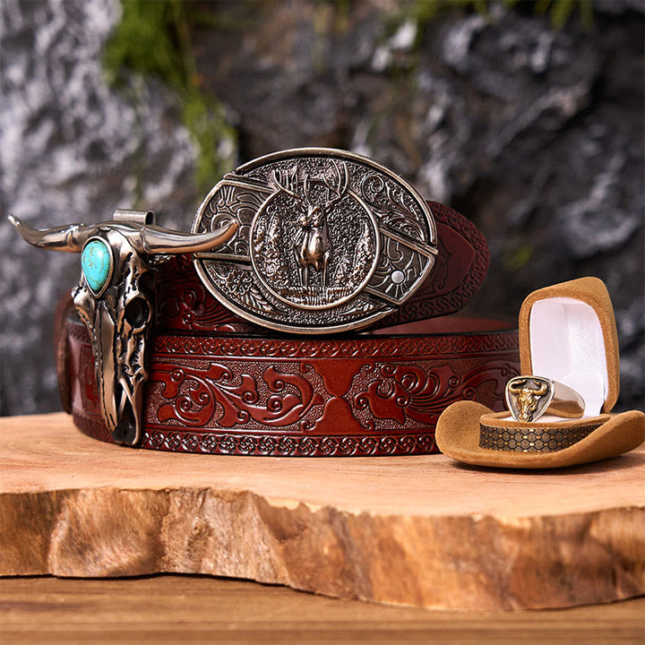 Ensemble de boucles de ceinture à couteau caché avec anneau de taureau et motif cerf forestier