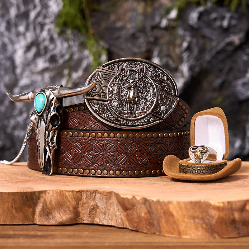 Ensemble de boucles de ceinture à couteau caché avec anneau de taureau et motif cerf forestier
