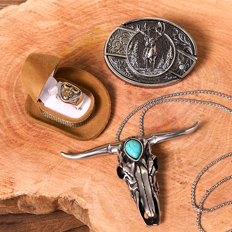 Ensemble de boucles de ceinture à couteau caché avec anneau de taureau et motif cerf forestier