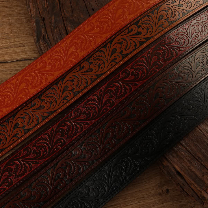 Sangle de ceinture en cuir à motif floral occidental en relief, sans boucle