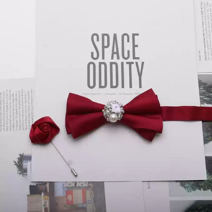Ensemble de 2 nœuds papillons rouges en métal doré pour homme, avec perles et fleurs décoratives