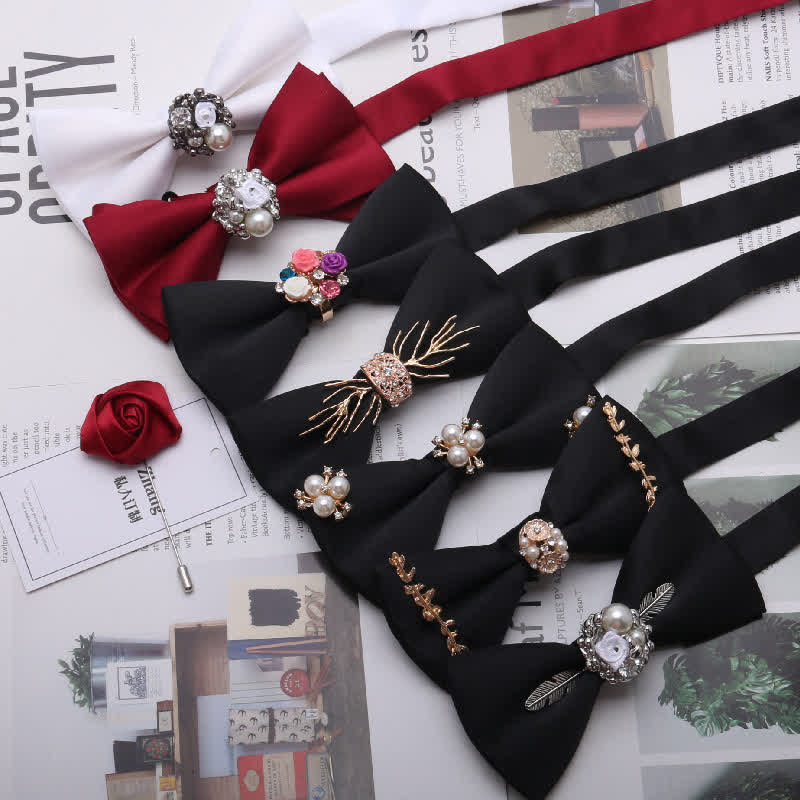 Ensemble de 2 nœuds papillons rouges en métal doré pour homme, avec perles et fleurs décoratives