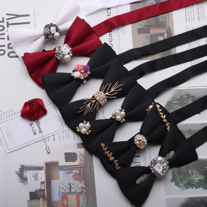 Ensemble de 2 nœuds papillons rouges en métal doré pour homme, avec perles et fleurs décoratives