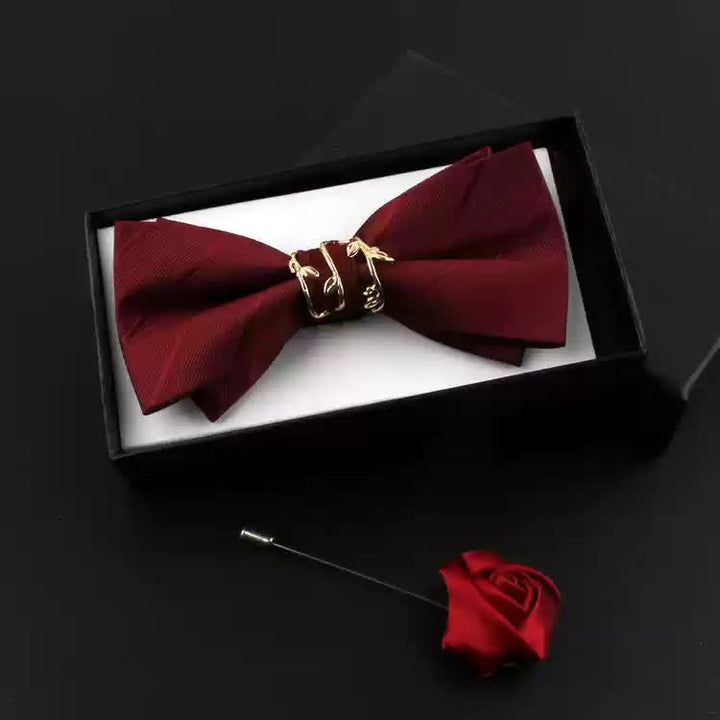 Ensemble de 2 nœuds papillons rouges à motif feuille de vigne dorée pour homme