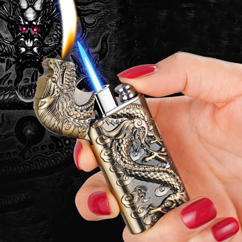Briquet au butane rechargeable à double flamme en relief Vivid Dragon