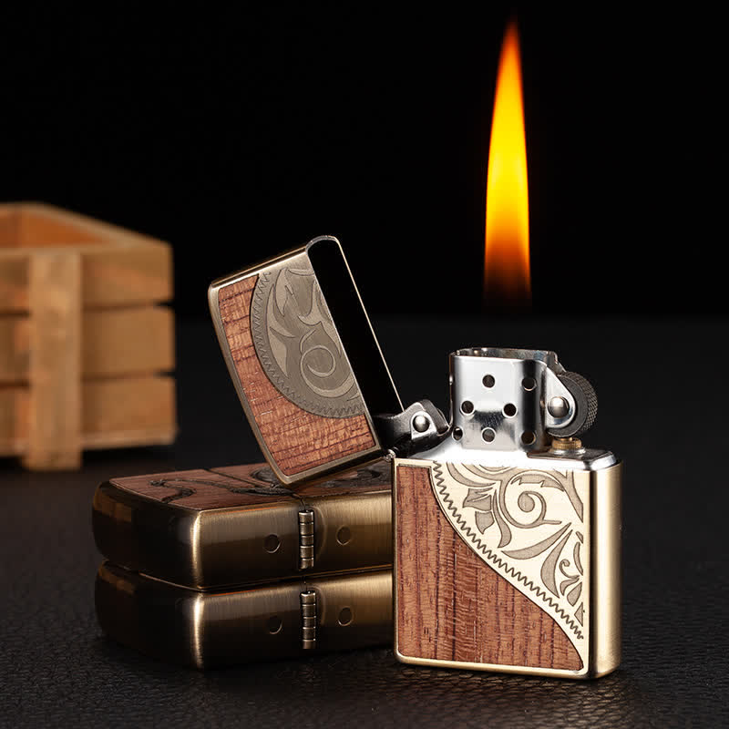 Briquet à kérosène rechargeable en forme de coquille en bois sculpté rétro