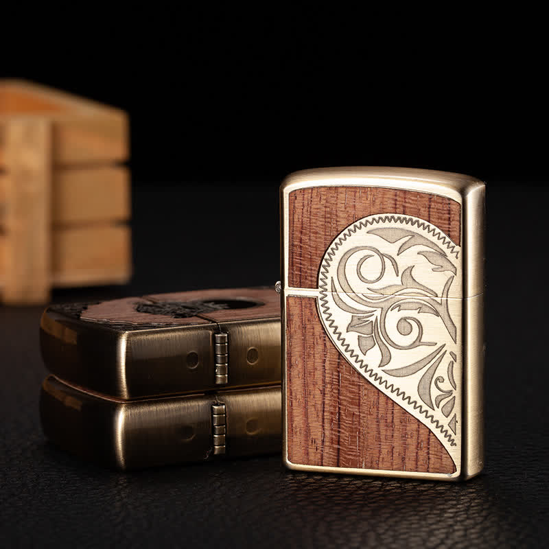 Briquet à kérosène rechargeable en forme de coquille en bois sculpté rétro