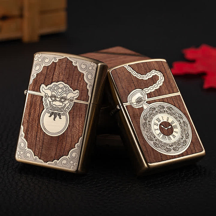 Briquet à kérosène rechargeable en forme de coquille en bois sculpté rétro