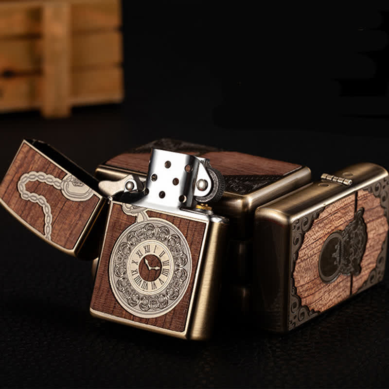 Briquet à kérosène rechargeable en forme de coquille en bois sculpté rétro