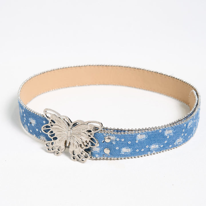 Ceinture en cuir à boucle papillon en denim pour femme