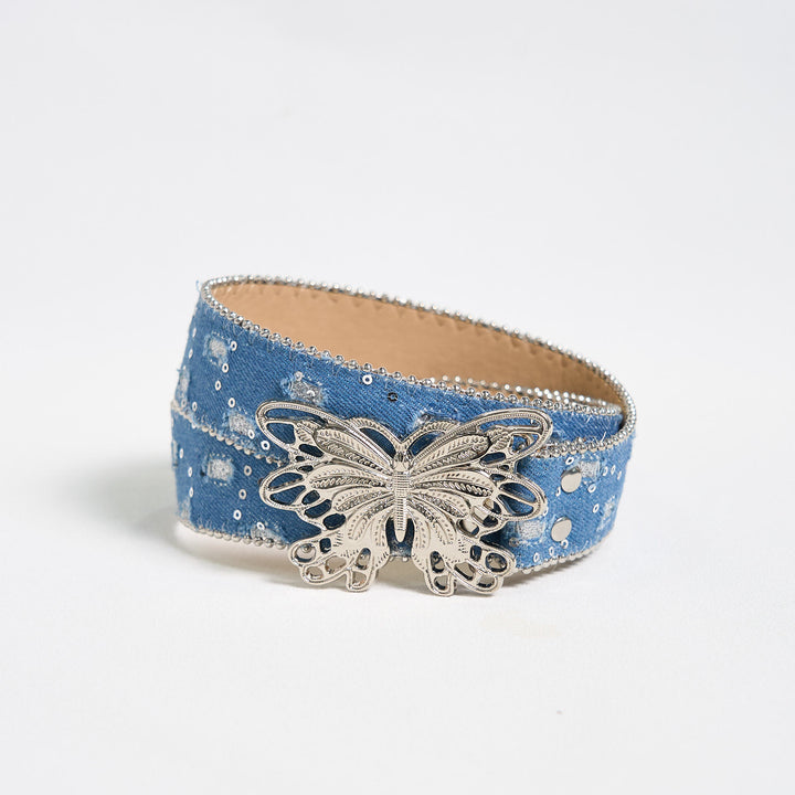 Ceinture en cuir à boucle papillon en denim pour femme