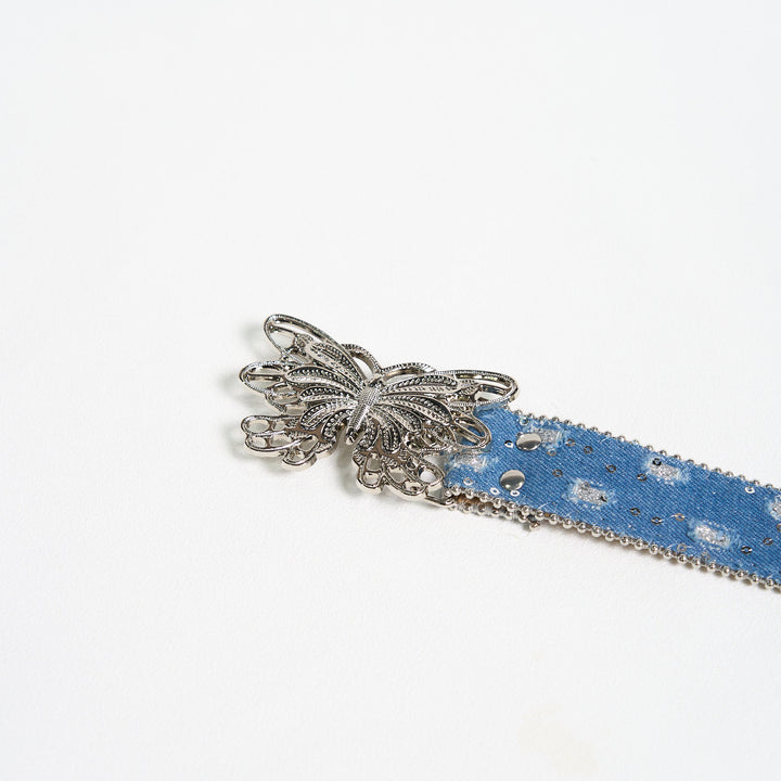 Ceinture en cuir à boucle papillon en denim pour femme
