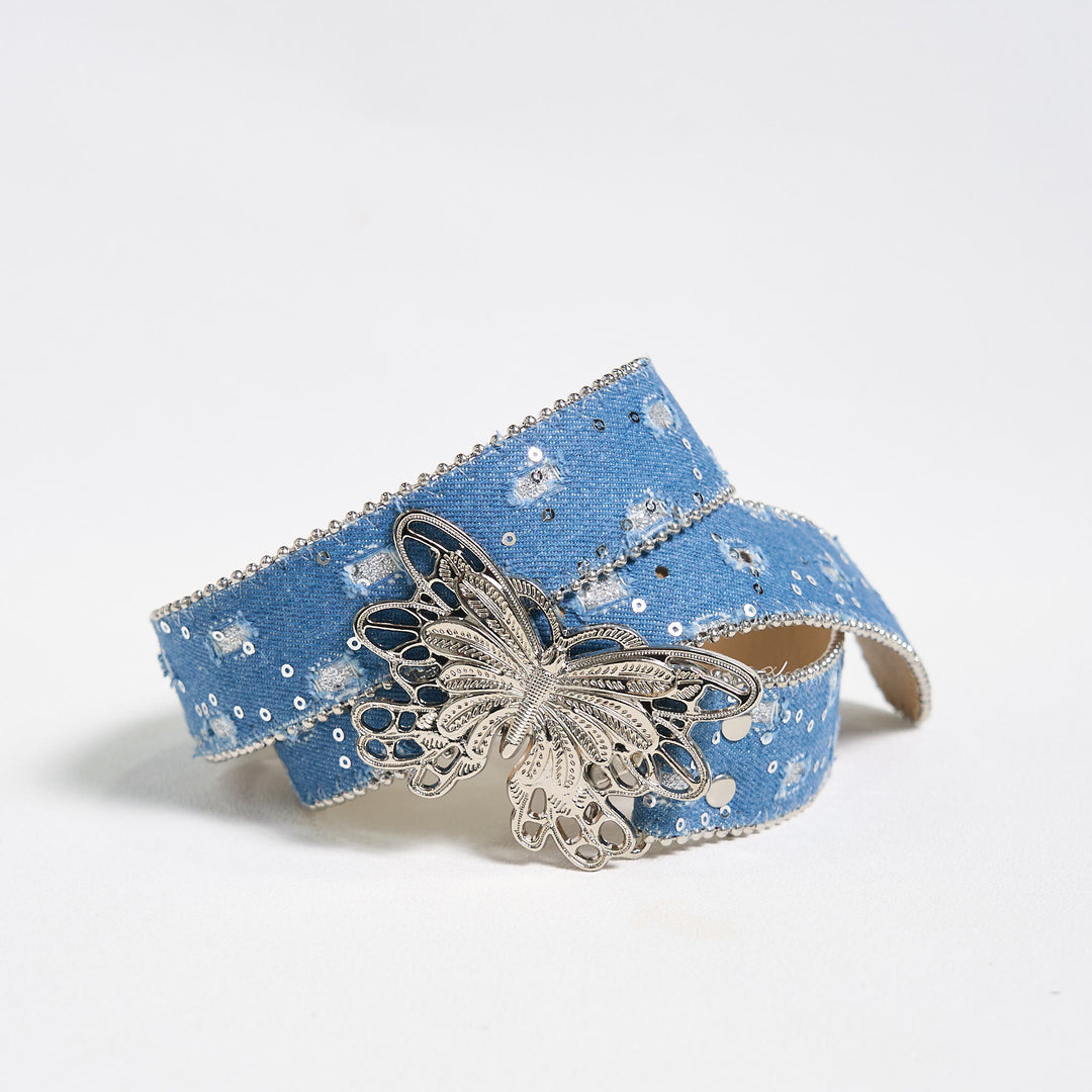 Ceinture en cuir à boucle papillon en denim pour femme