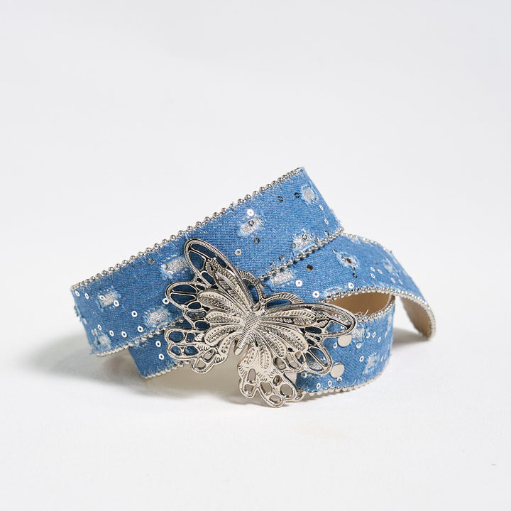 Ceinture en cuir à boucle papillon en denim pour femme