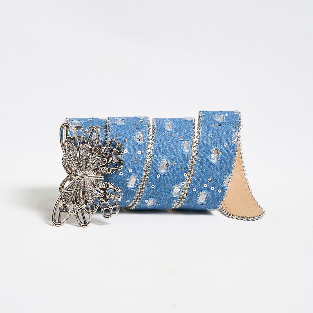 Ceinture en cuir à boucle papillon en denim pour femme