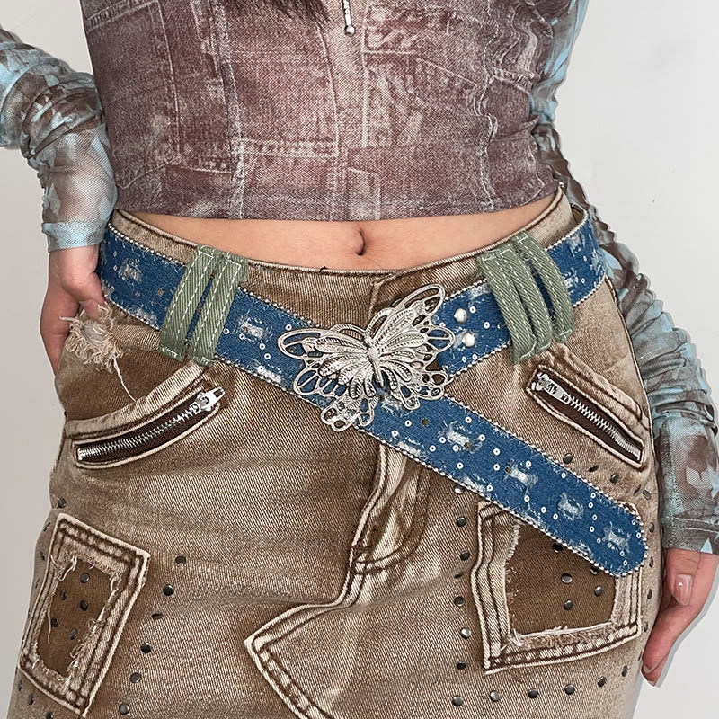 Ceinture en cuir à boucle papillon en denim pour femme