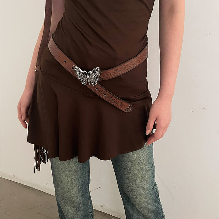 Ceinture en cuir à boucle papillon florale en relief pour femme, style cowgirl