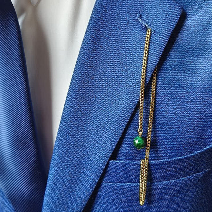 Broche de costume pour homme en plaqué or 18 carats avec pierre naturelle et chaîne suspendue