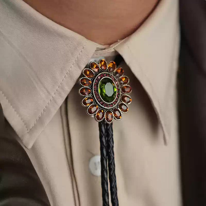 Cravate bolo à fleurs en cristal vert orange solaire