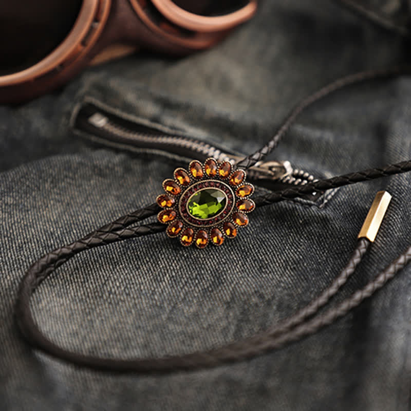 Cravate bolo à fleurs en cristal vert orange solaire