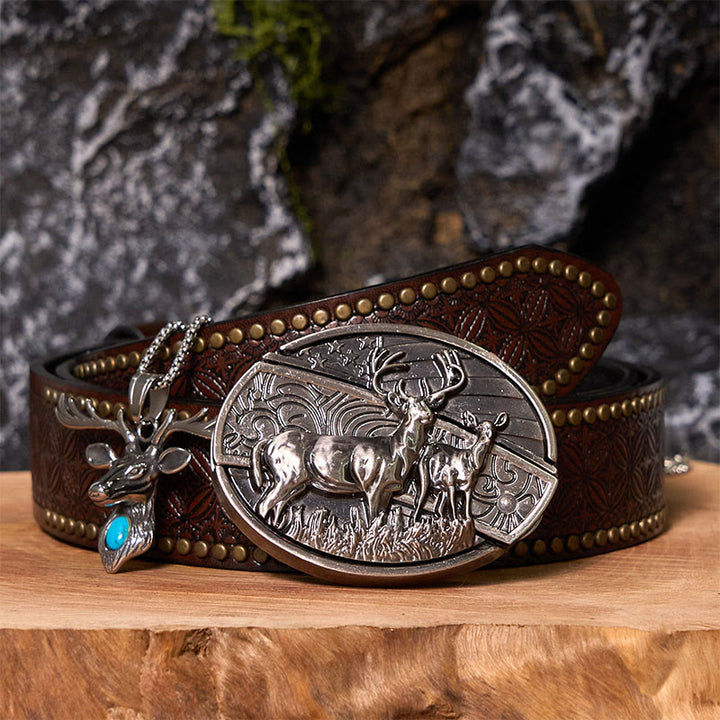 Ensemble de boucles de ceinture à couteau caché avec pendentif tête d'élan et drapeau cerf