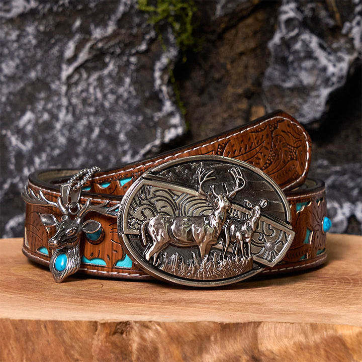 Ensemble de boucles de ceinture à couteau caché avec pendentif tête d'élan et drapeau cerf