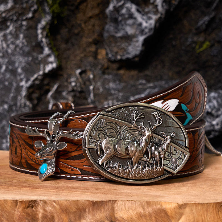 Ensemble de boucles de ceinture à couteau caché avec pendentif tête d'élan et drapeau cerf