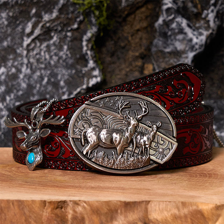 Ensemble de boucles de ceinture à couteau caché avec pendentif tête d'élan et drapeau cerf