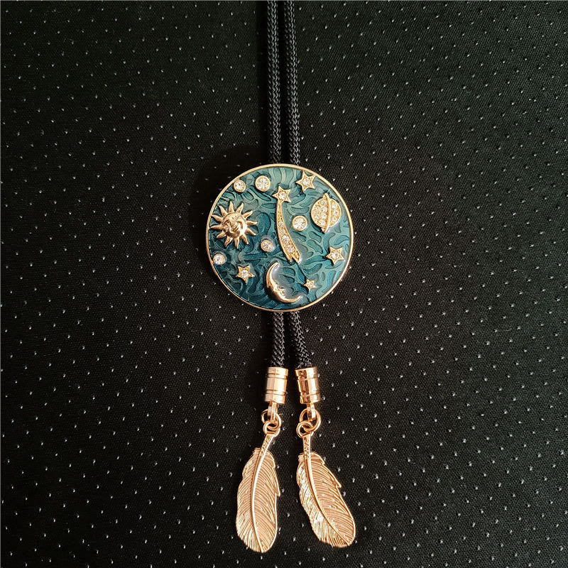 Cravate bolo vintage en strass avec motif soleil, croissant de lune et univers