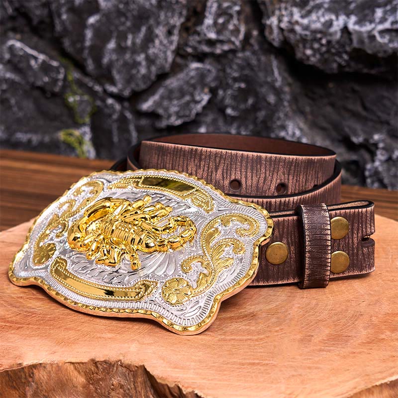 Ceinture en cuir à boucle DIY motif scorpion floral doré et argenté - Scorpion - Ceinture marron vieillie - 42 - image 9