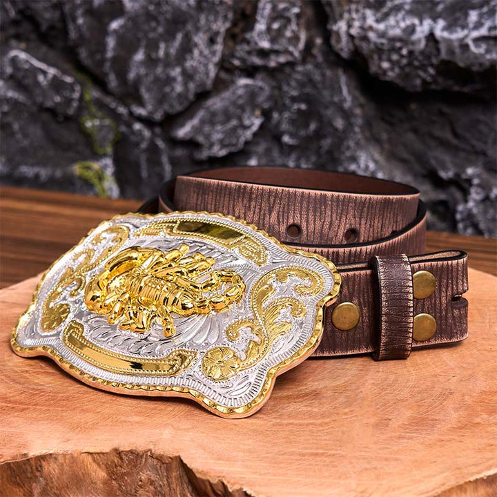 Ceinture en cuir à boucle DIY motif scorpion floral doré et argenté - Scorpion - Ceinture marron vieillie - 42 - image 9