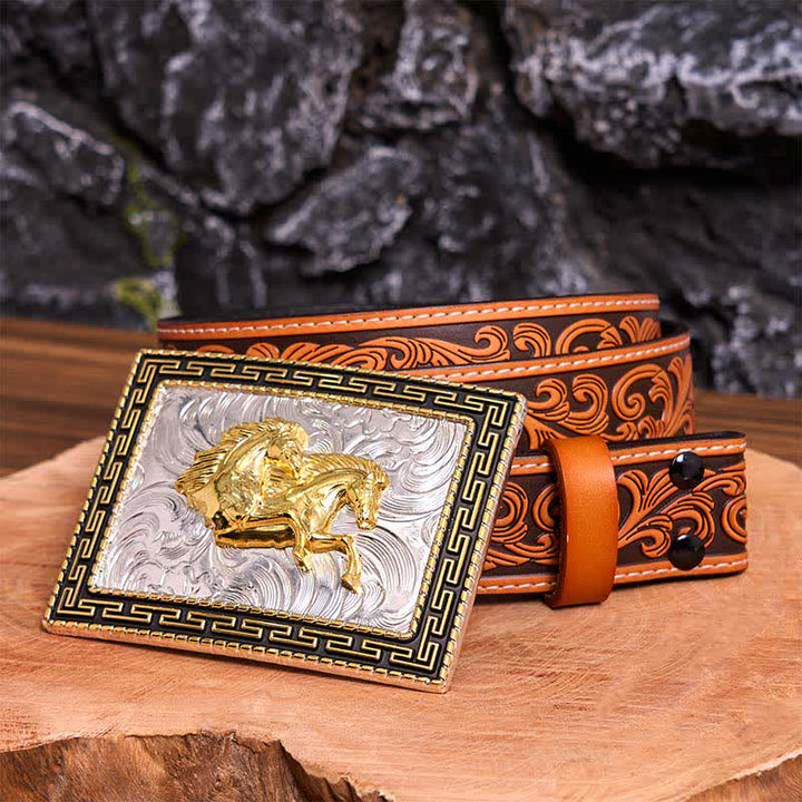 Ceinture en cuir à grande boucle rectangulaire dorée et noire avec doubles chevaux - Doubles chevaux - Ceinture fleurie en relief orange - 42 - image 10