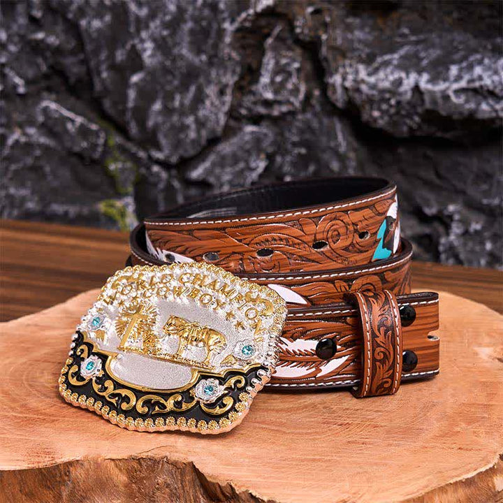 Ceinture en cuir à grande boucle avec croix de prière et motif cowboy champion du monde à faire soi-même - Prière - Ceinture à plumes marron - 40 - image 11