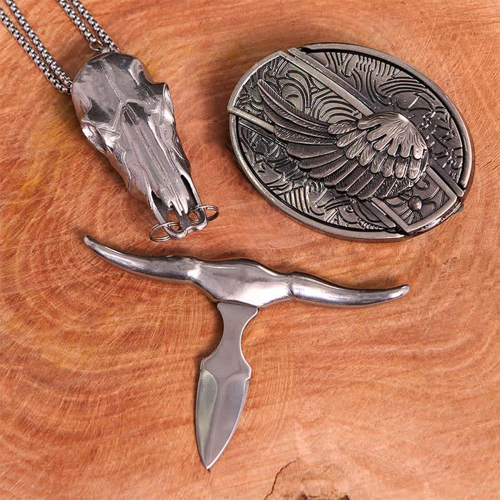 Ensemble de boucles de ceinture à couteau caché Angel Wing DIY, pendentif taureau à longues cornes