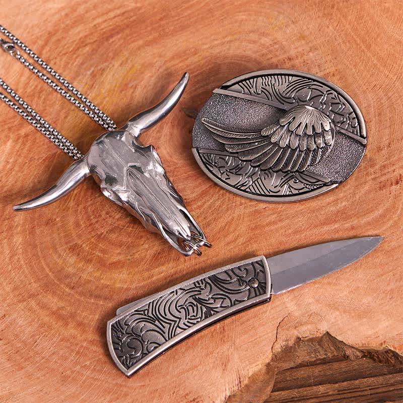 Ensemble de boucles de ceinture à couteau caché Angel Wing DIY, pendentif taureau à longues cornes