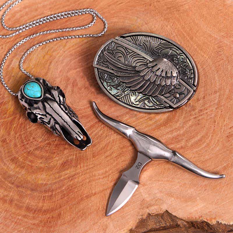 Ensemble de pendentifs en forme de taureau à longues cornes turquoise avec boucle de ceinture et couteau caché à faire soi-même