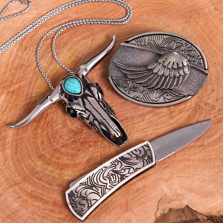 Ensemble de pendentifs en forme de taureau à longues cornes turquoise avec boucle de ceinture et couteau caché à faire soi-même