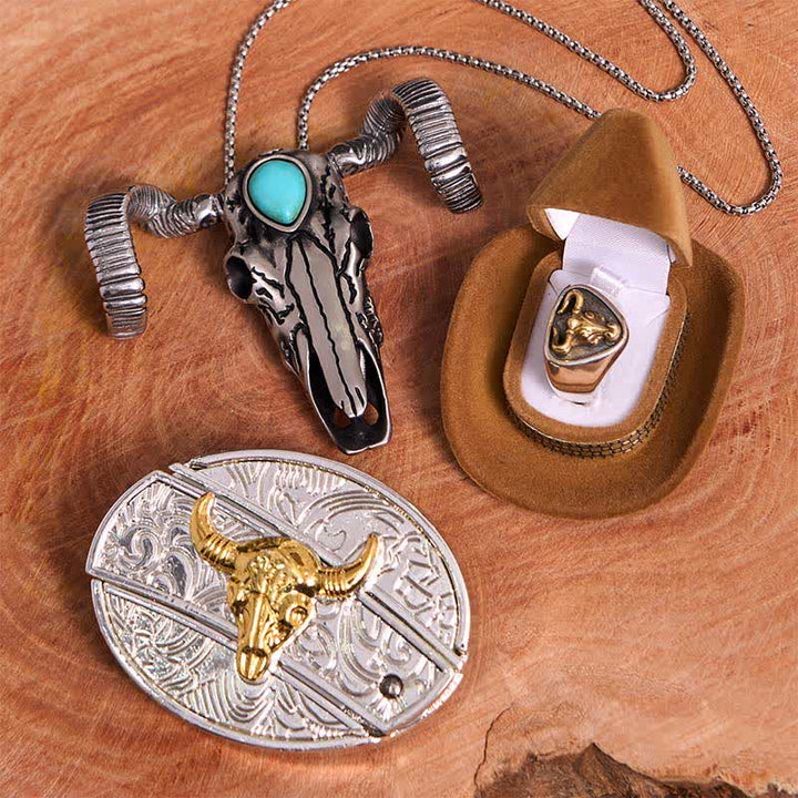 Ensemble de pendentifs en forme de mouton et de crâne turquoise avec boucle de ceinture et couteau caché à faire soi-même