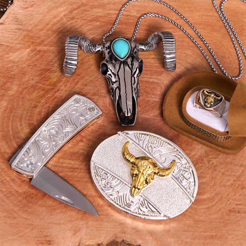 Ensemble de pendentifs en forme de mouton et de crâne turquoise avec boucle de ceinture et couteau caché à faire soi-même