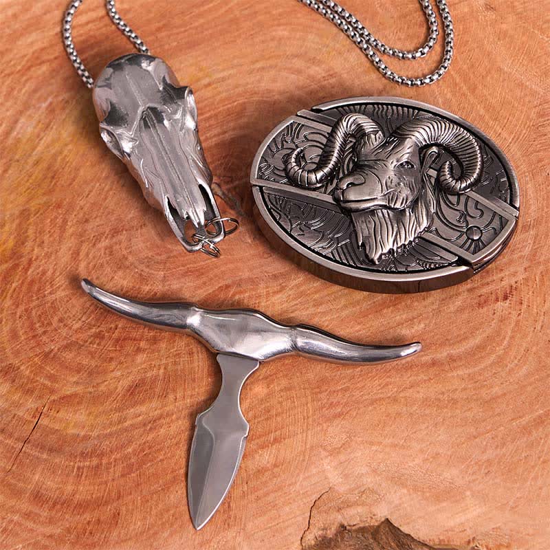 Ensemble de colliers et boucles de ceinture avec pendentif en forme de croix et couteau caché en forme de chèvre