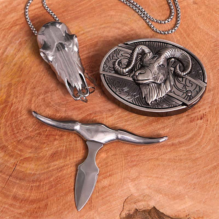 Ensemble de colliers et boucles de ceinture avec pendentif en forme de croix et couteau caché en forme de chèvre