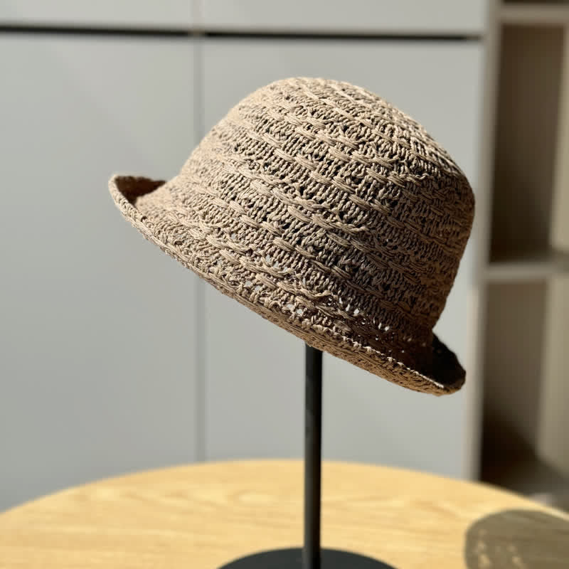 Chapeau bob unisexe en paille respirante à bords roulés