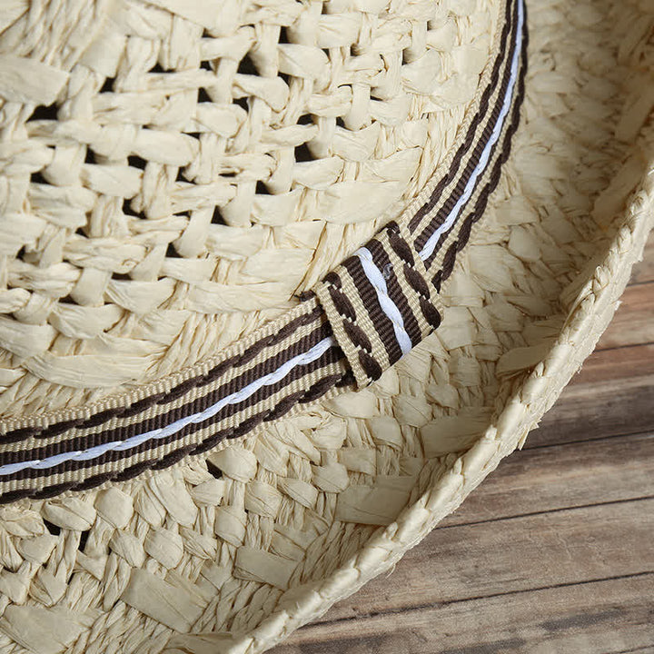 Chapeau Fedora en paille unisexe style bohème, fait main, pour la plage et l'été
